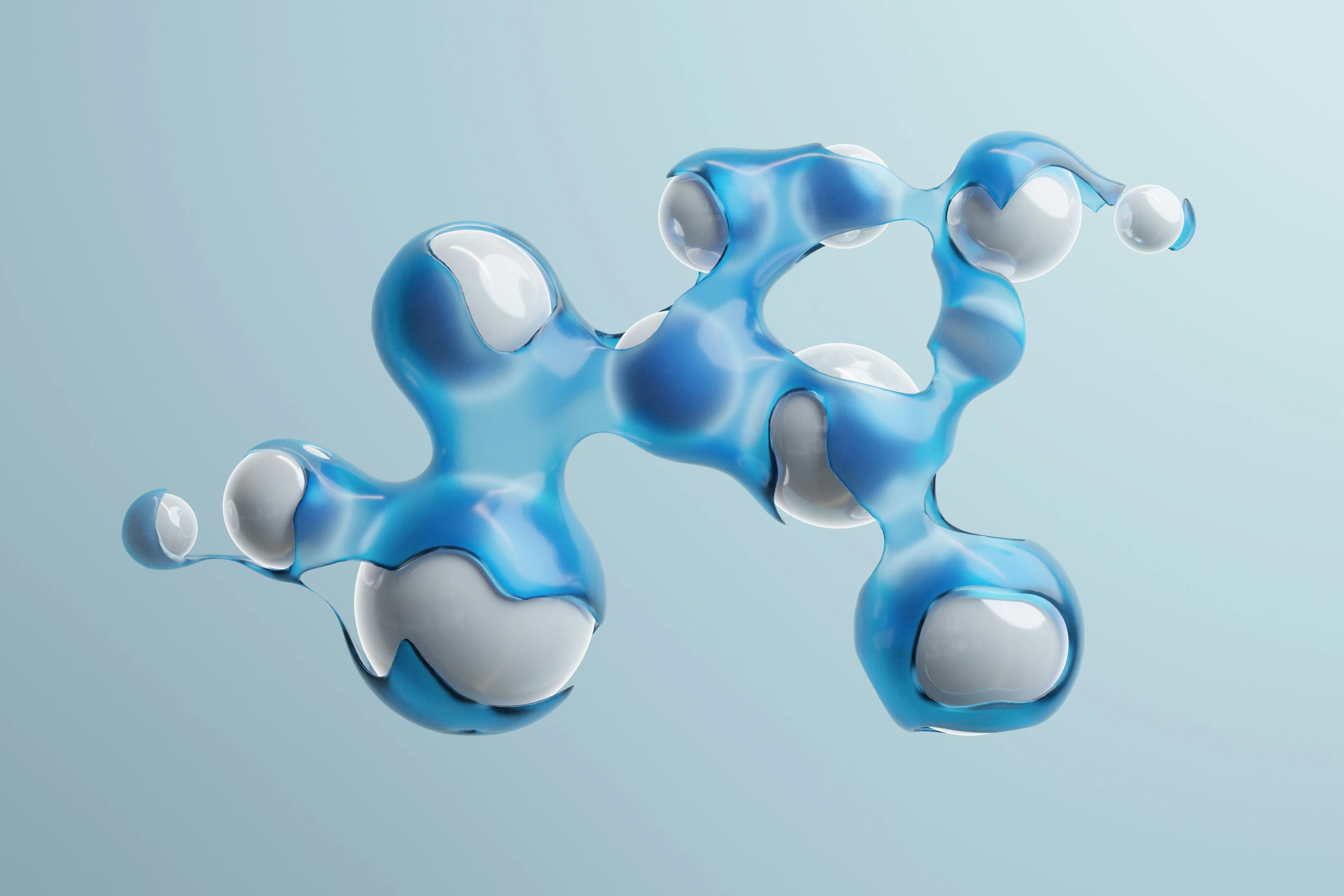 3D illustration of a blue and white molecular peptide structure, representing Mind & Body Infusions' targeted peptide therapy for enhanced recovery, performance, and cellular wellness